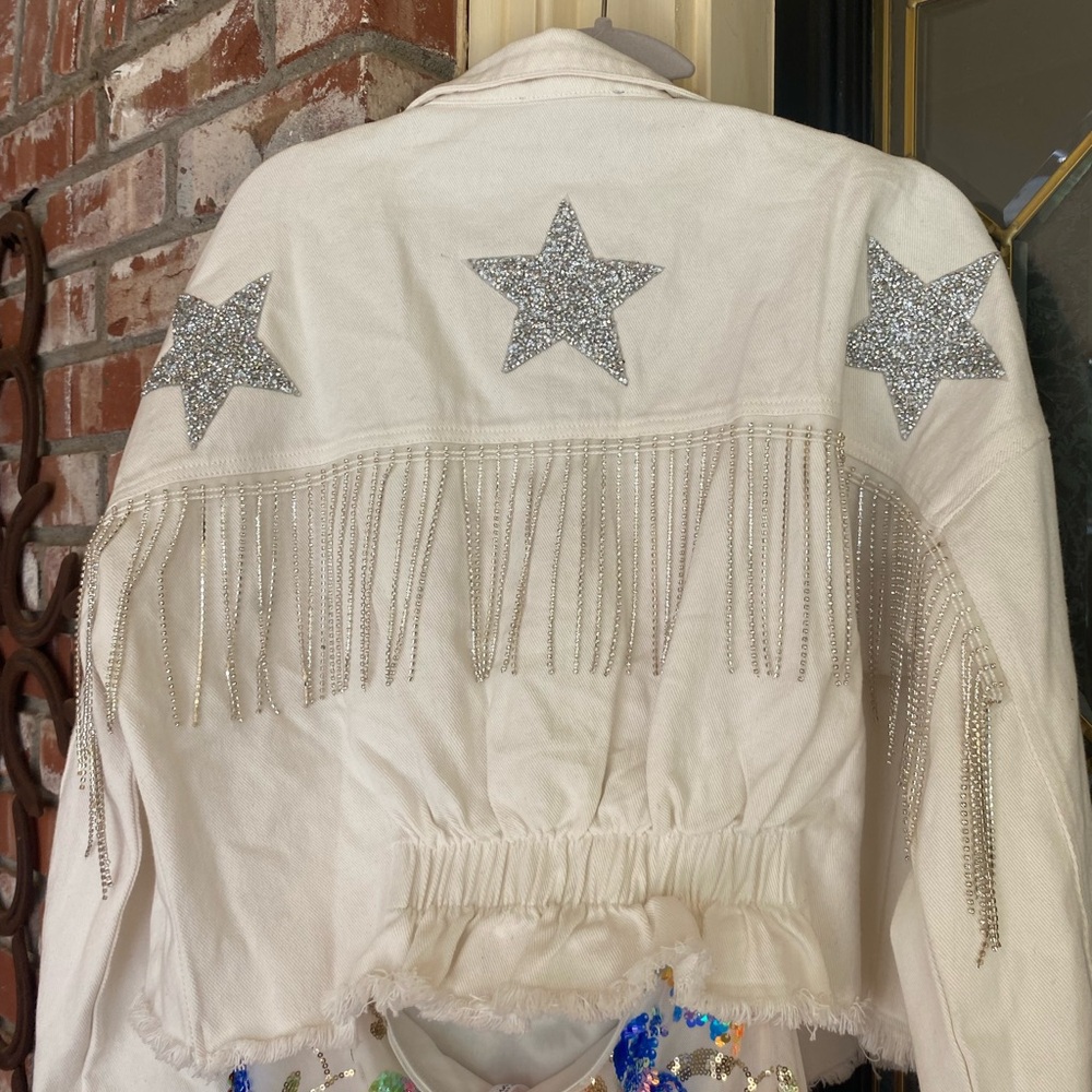 Star Rhinestone Fringe Denim Jacket - White side M - Picture 5 of 10